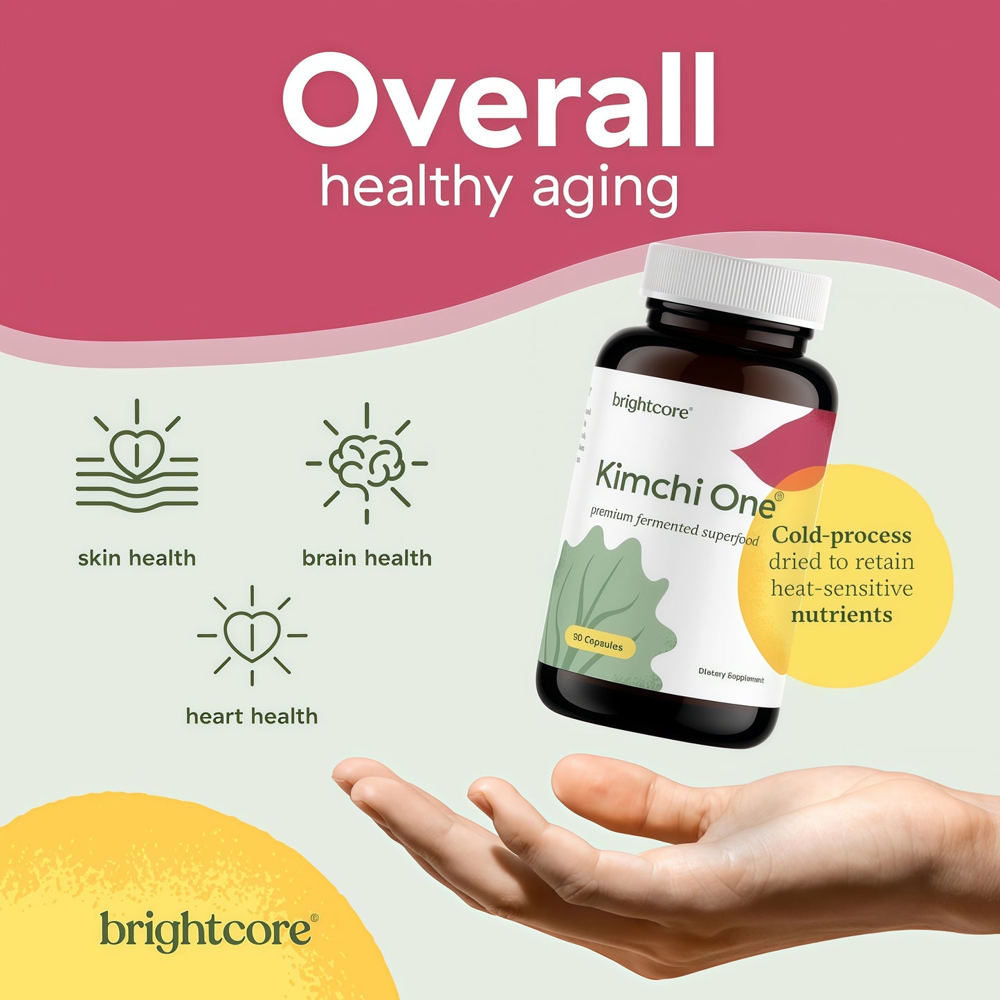 Brightcore Nutrition - Kimchi One, Kimchi Powder Capsules, Probiotics, Enzymes, & Antioxidant Supplement, Premium Gut Health Superfood for Overall Well Being, Gluten-Free, 90 Vegan Capsules