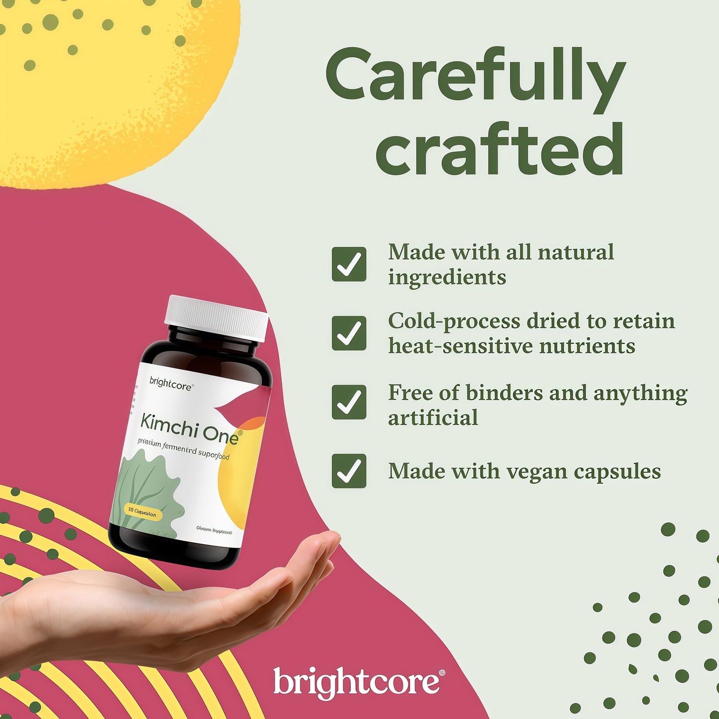 Brightcore Nutrition - Kimchi One, Kimchi Powder Capsules, Probiotics, Enzymes, & Antioxidant Supplement, Premium Gut Health Superfood for Overall Well Being, Gluten-Free, 90 Vegan Capsules