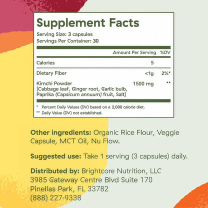 Brightcore Nutrition - Kimchi One, Kimchi Powder Capsules, Probiotics, Enzymes, & Antioxidant Supplement, Premium Gut Health Superfood for Overall Well Being, Gluten-Free, 90 Vegan Capsules